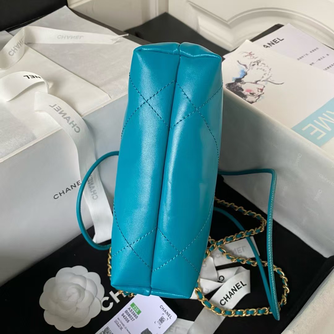 Replicate Chanel 22 AS3980 Mini Tote Shiny Calfskin   Gold-Tone Metal Lake Blue(1:1 replica)