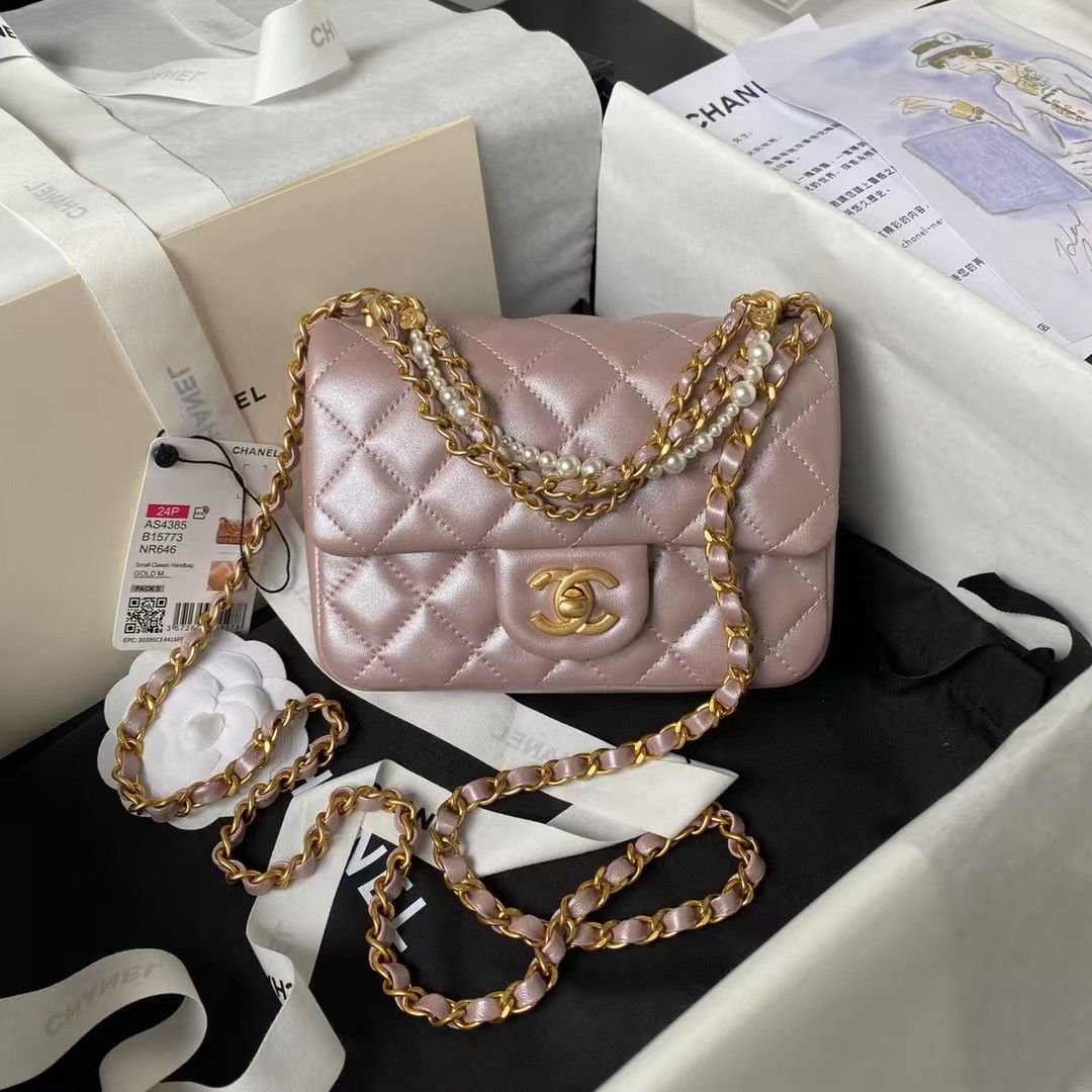 Replicate Chanel AS4385 Mini Flap Bag Pearl Lambskin Faux Pearl Gold Metal Pink Iridescent(1:1 replica)