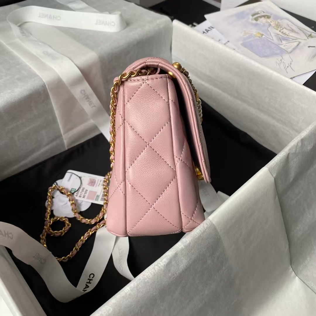Replicate Chanel AS5011 Flap bag Shiny Lambskin Imitation Pearls   Gold-Tone Metal Pink(1:1 replica)