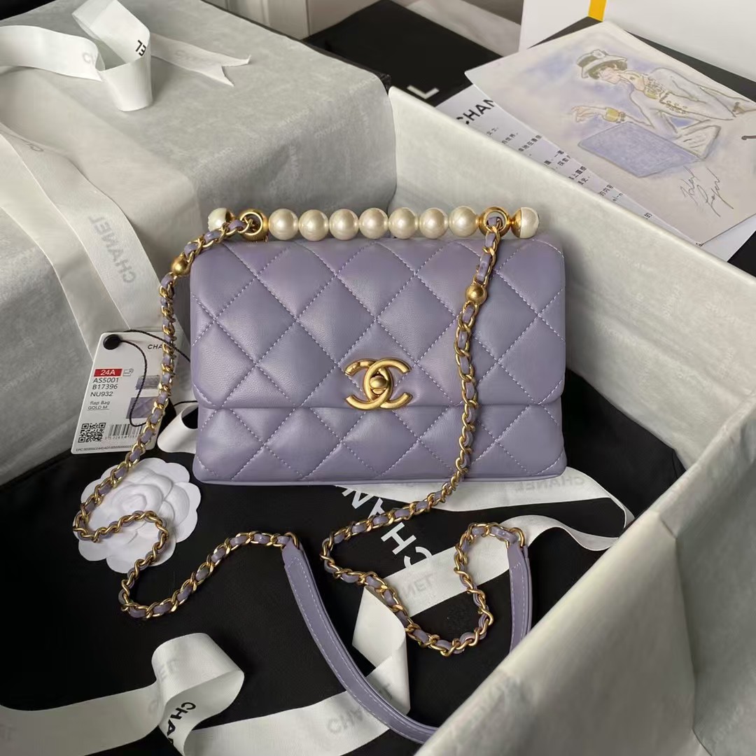 Replicate Chanel AS5001 Mini Flap Bag Top Handle Shiny Lambskin Faux Pearl Gold Metallic Purple(1:1 replica)