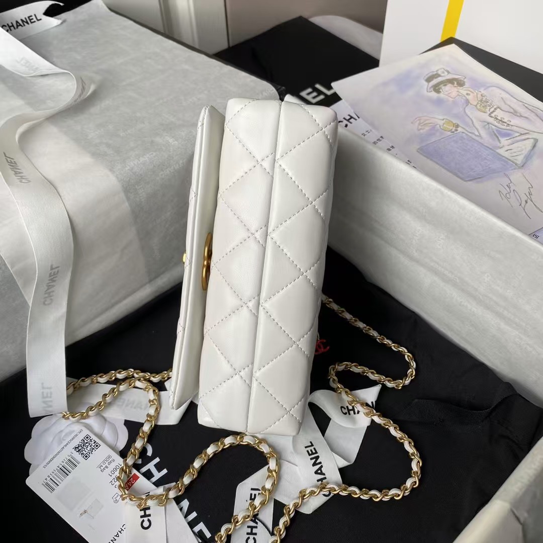 Replicate Chanel AS4973 Mini Flap Bag Shiny Lambskin Enamel   Gold-Tone Metal White(1:1 replica)