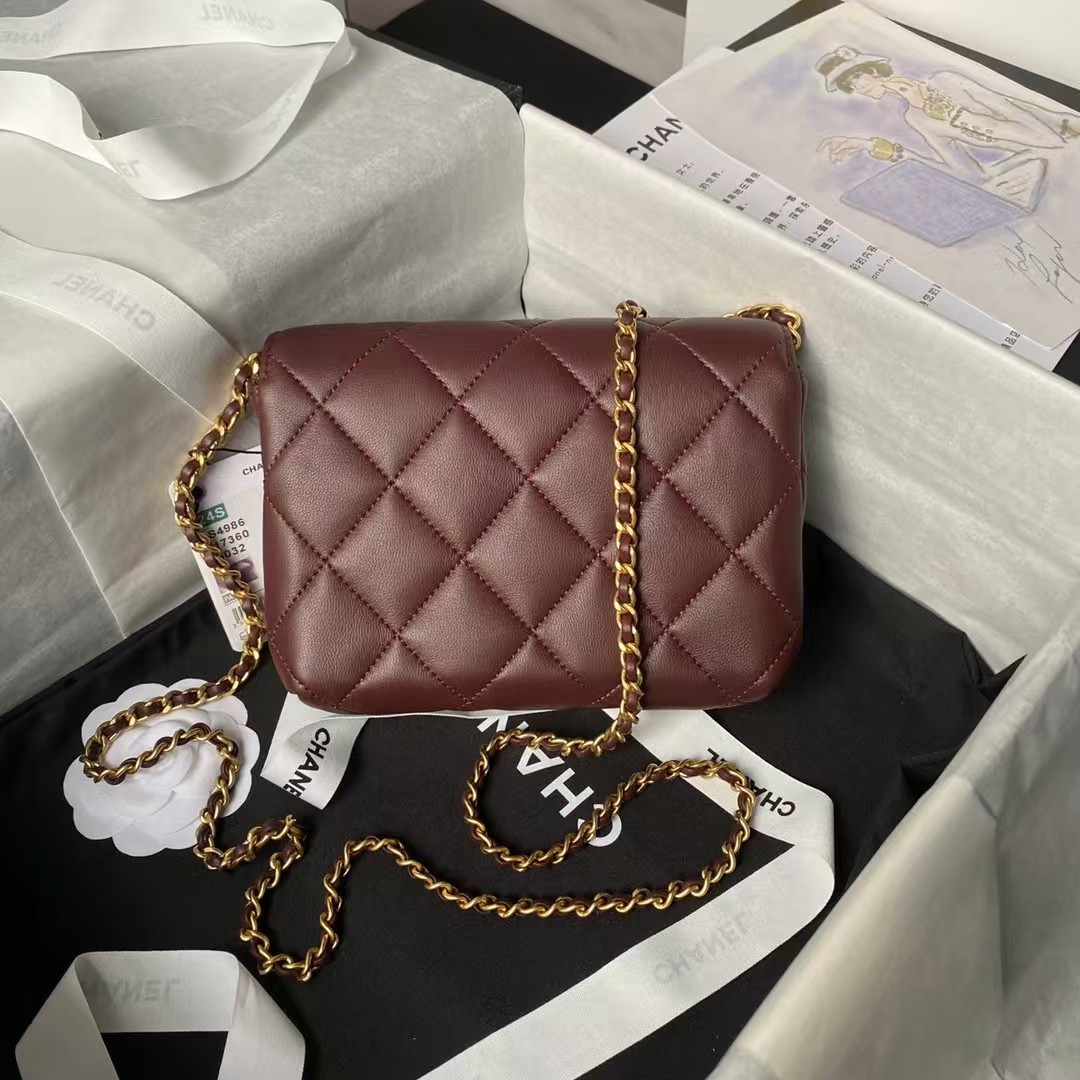 Replicate Chanel AS4986 Mini Flap bag Shiny Lambskin Imitation Pearls Gold-Tone Metal Wine Red(1:1 replica)