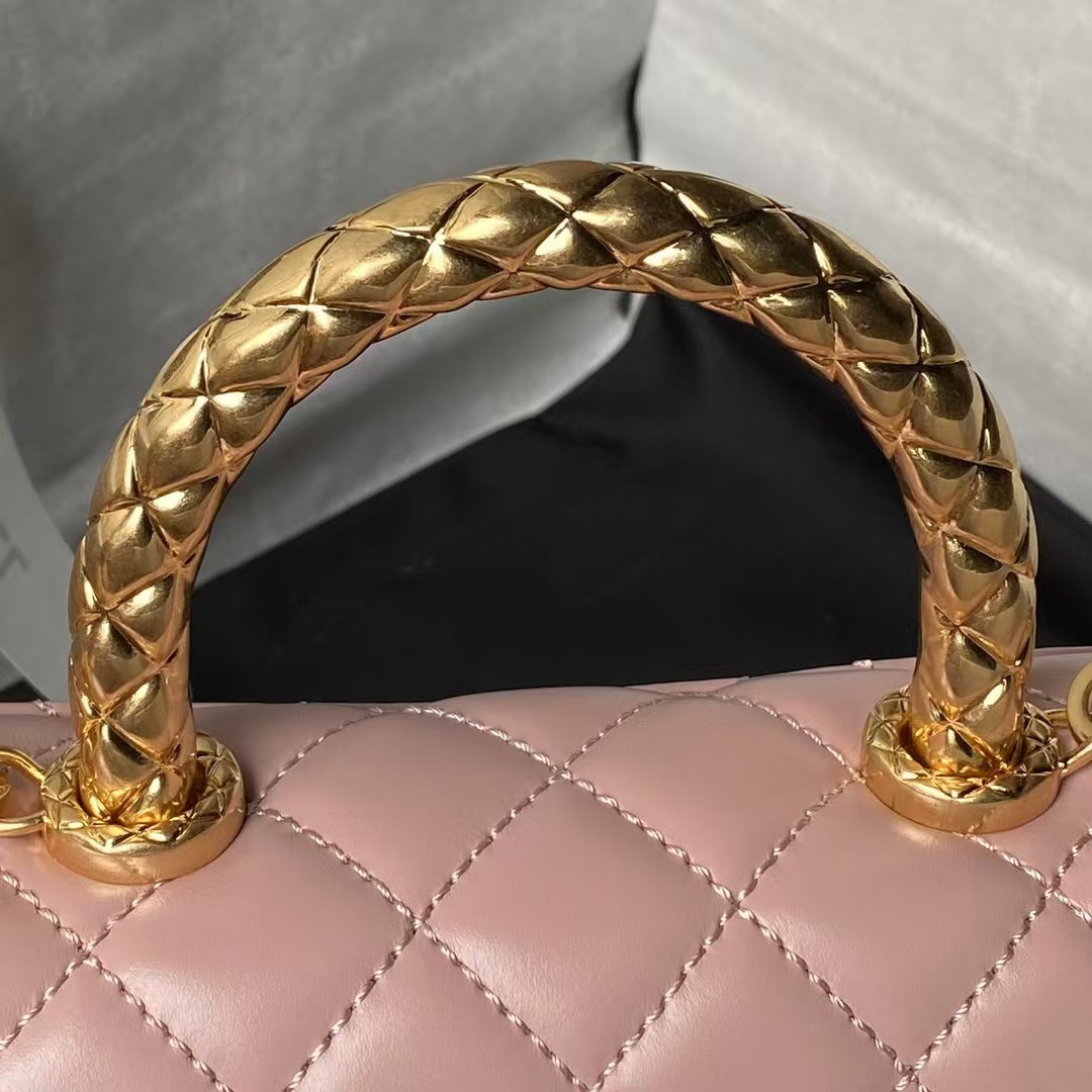 Replicate Chanel AS2215 Mini Flap Bag With Metal Top Handle Shiny Calfskin Pink(1:1 replica)