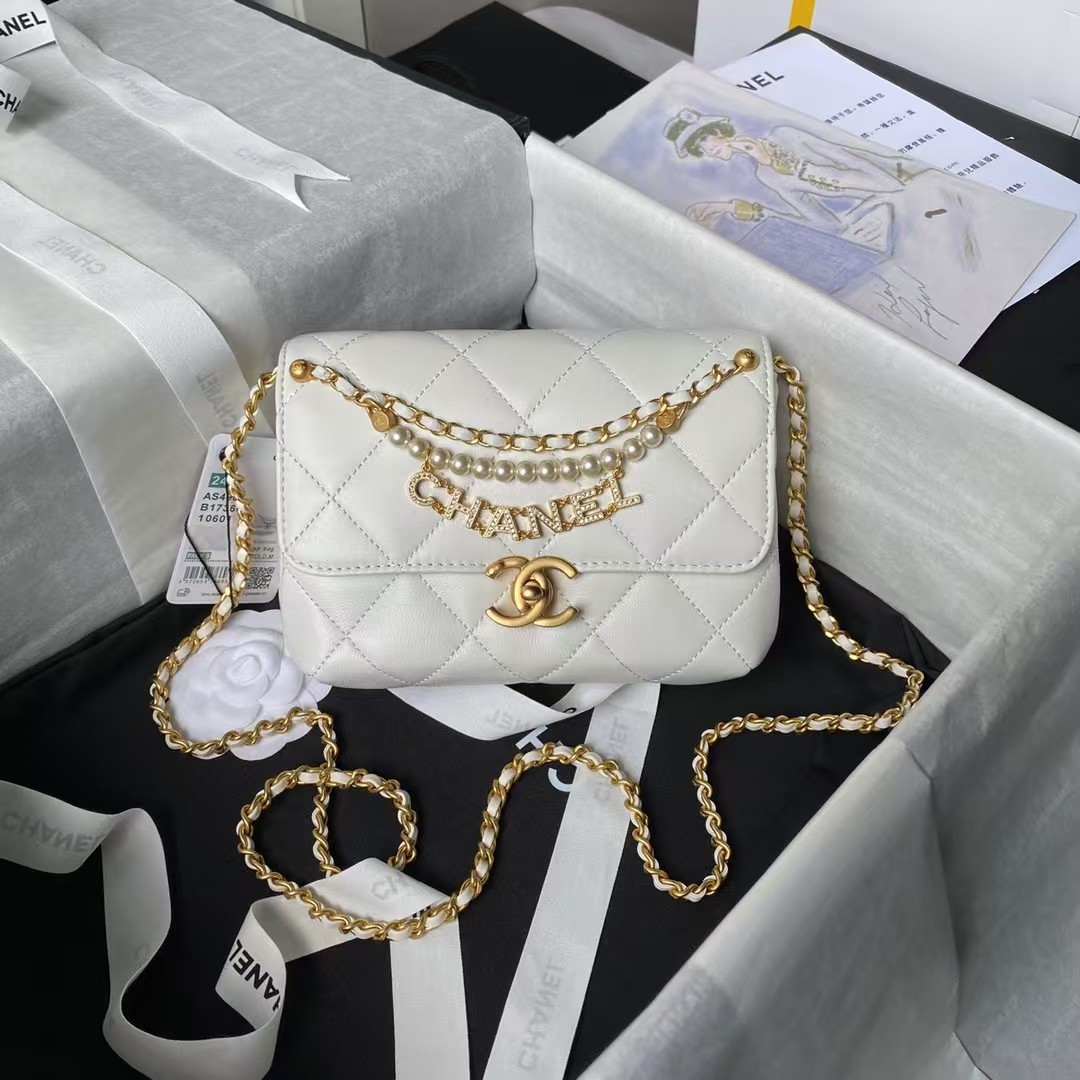Replicate Chanel AS4986 Mini Flap bag Shiny Lambskin Imitation Pearls Gold-Tone Metal White(1:1 replica)