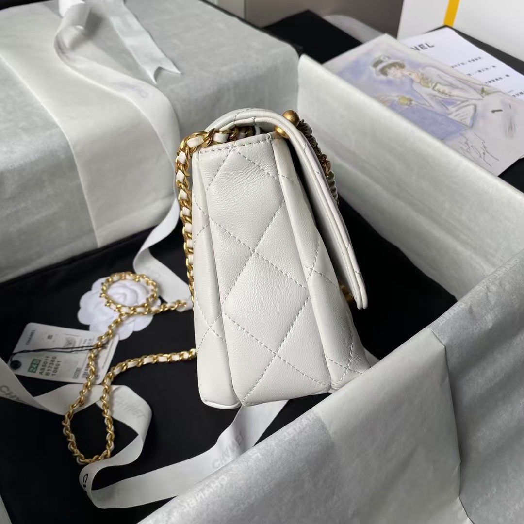 Replicate Chanel AS5011 Flap bag Shiny Lambskin Imitation Pearls   Gold-Tone Metal White(1:1 replica)