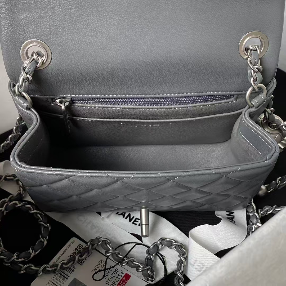 Replicate Chanel 23C AS1786 Mini Square Pearl Embossed Flap Bag Antique Silver Hardware Dark Grey(1:1 replica)