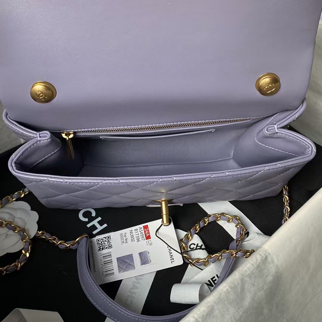 Replicate Chanel AS4997 Flap Bag With Top Handle Shiny Lambskin Imitation Pearls   Gold-Tone Metal Purple(1:1 replica)
