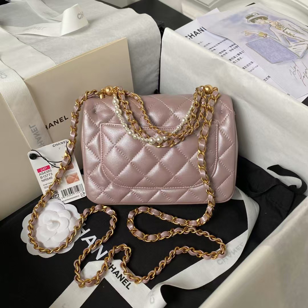 Replicate Chanel AS4385 Mini Flap Bag Pearl Lambskin Faux Pearl Gold Metal Pink Iridescent(1:1 replica)