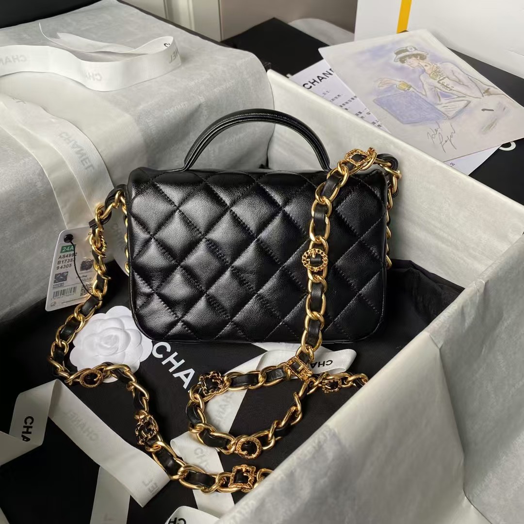 Replicate Chanel 24A AS4992 Mini Shiny Lambskin Flap Bag With Top Handle Black(1:1 replica)