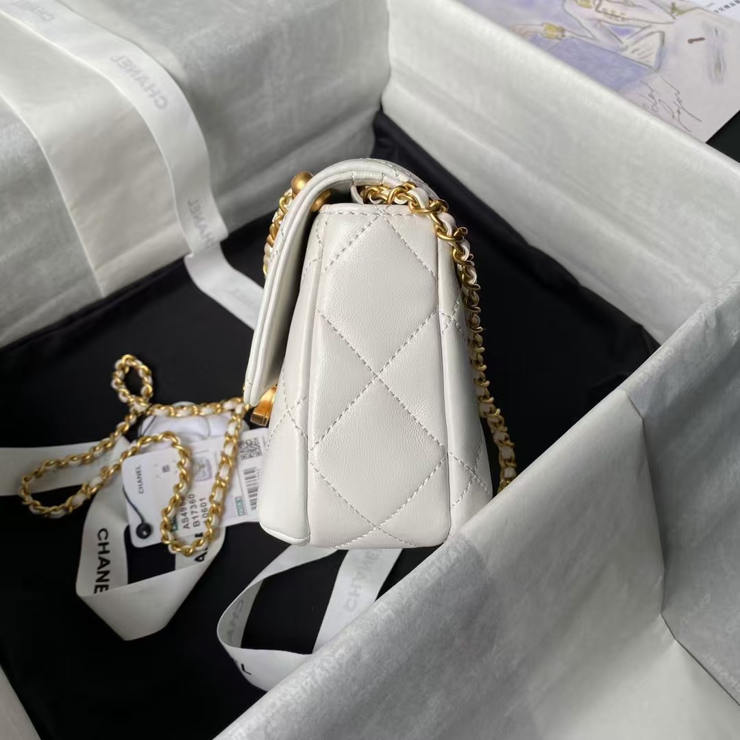 Replicate Chanel AS4986 Mini Flap bag Shiny Lambskin Imitation Pearls   Gold-Tone Metal White(1:1 replica)