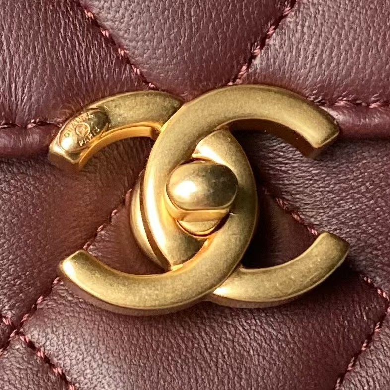 Replicate Chanel AS4986 Mini Flap bag Shiny Lambskin Imitation Pearls   Gold-Tone Metal Wine Red(1:1 replica)