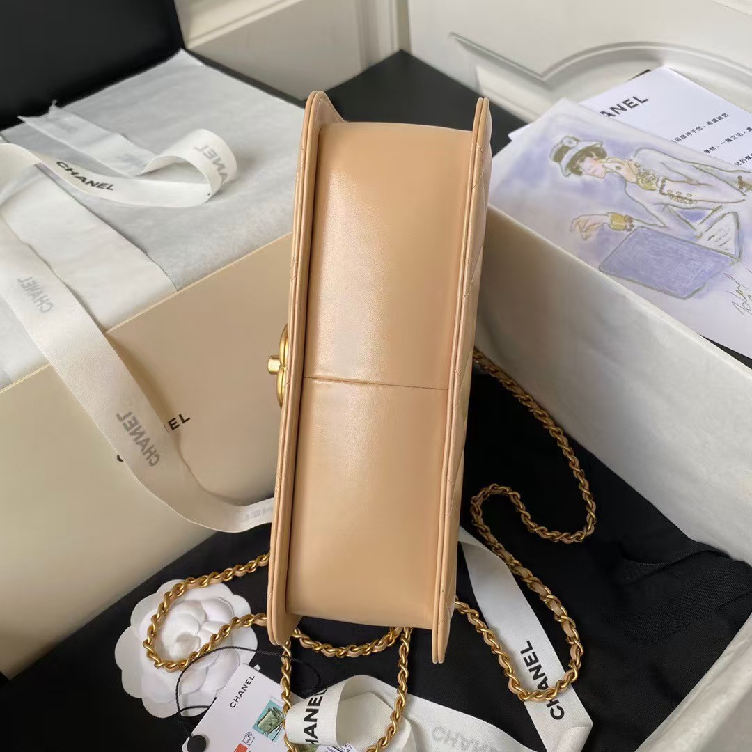 Replicate Chanel AS2649 Chain Bag With Gold Charm Small Vintage Calfskin Bag Beige(1:1 replica)