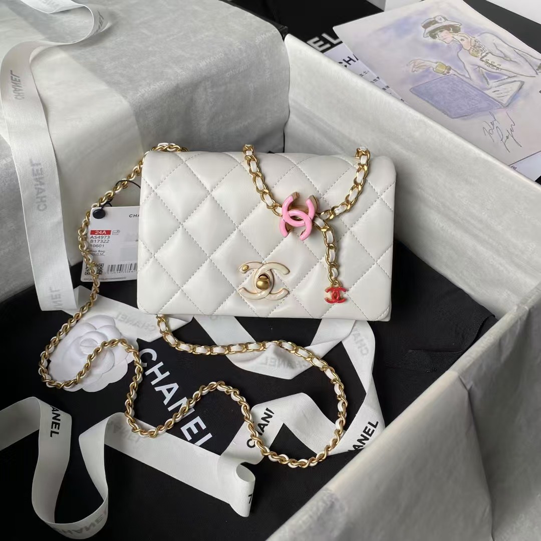 Replicate Chanel AS4973 Mini Flap Bag Shiny Lambskin Enamel Gold-Tone Metal White(1:1 replica)
