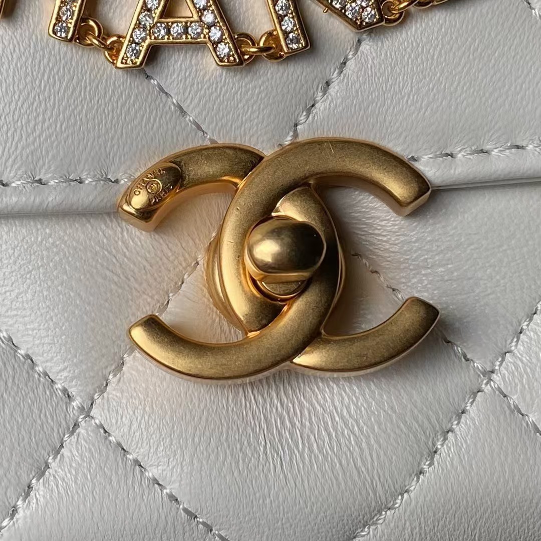 Replicate Chanel AS4986 Mini Flap bag Shiny Lambskin Imitation Pearls   Gold-Tone Metal White(1:1 replica)