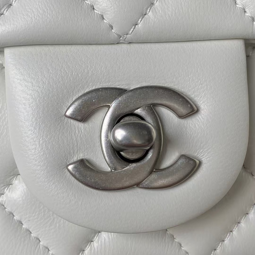 Replicate Chanel 23K AS1787 Mini Pearl Embossed Rectangular Flap Bag Lambskin Brushed Silver Metal Hardware White(1:1 replica)