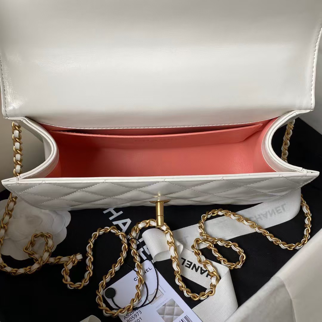 Replicate Chanel AS2649 Chain Bag With Gold Charm Small Vintage Calfskin Bag White(1:1 replica)