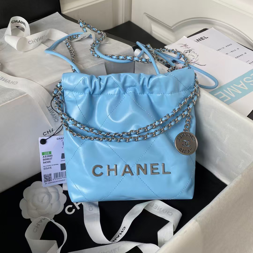 Replicate Chanel 22 AS3980 Mini Tote Shiny Calfskin Silver-Tone Metal Sky Blue(1:1 replica)