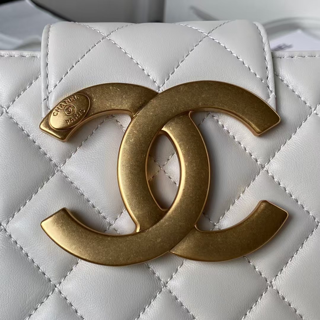 Replicate Chanel 24C AS4596 Vintage Logo Quilted Lambskin Shoulder Bag White(1:1 replica)
