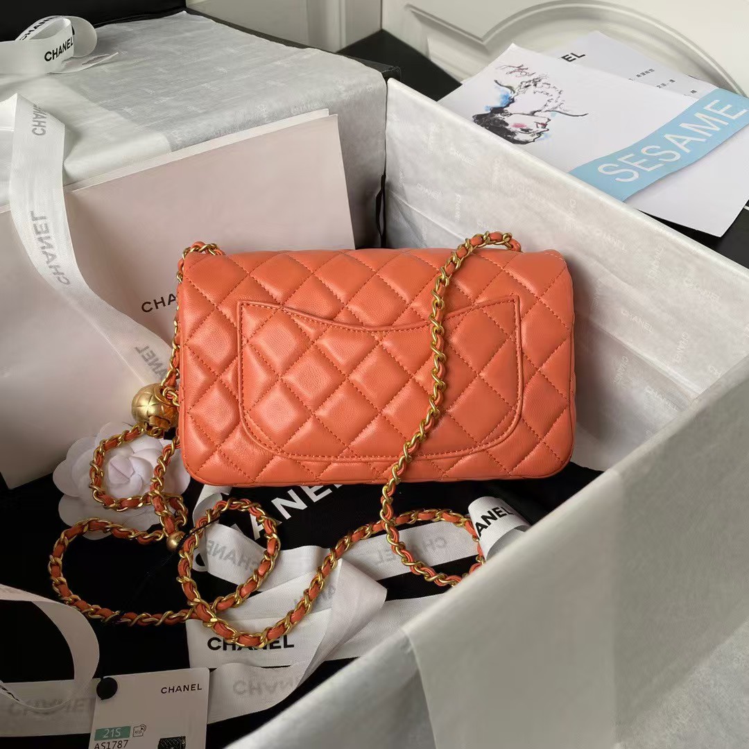 Replicate Chanel 23K AS1787 Mini Pearl Embossed Rectangular Flap Bag Lambskin Brushed Metal Hardware Orange(1:1 replica)