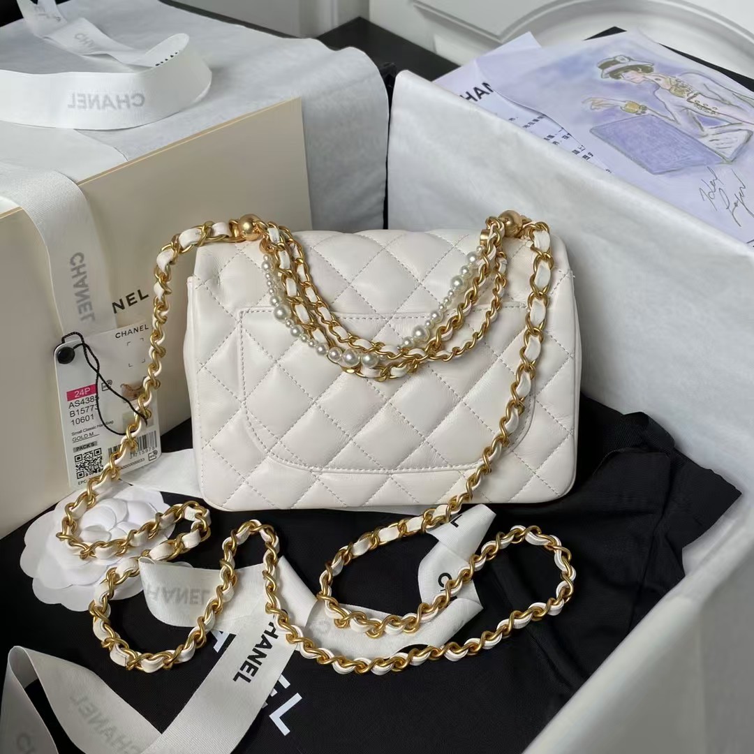 Replicate Chanel AS4385 Mini Flap Bag Pearl Lambskin Faux Pearl Gold Metal White(1:1 replica)