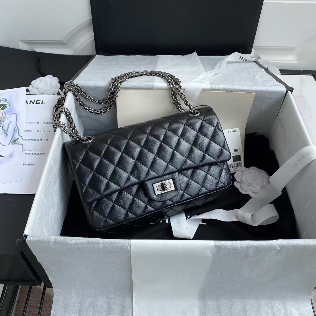 Replicate Chanel 23A Classic Medium 2.55 Flap Bag Black Distressed Calfskin Ruthenium Hardware(1:1 replica)