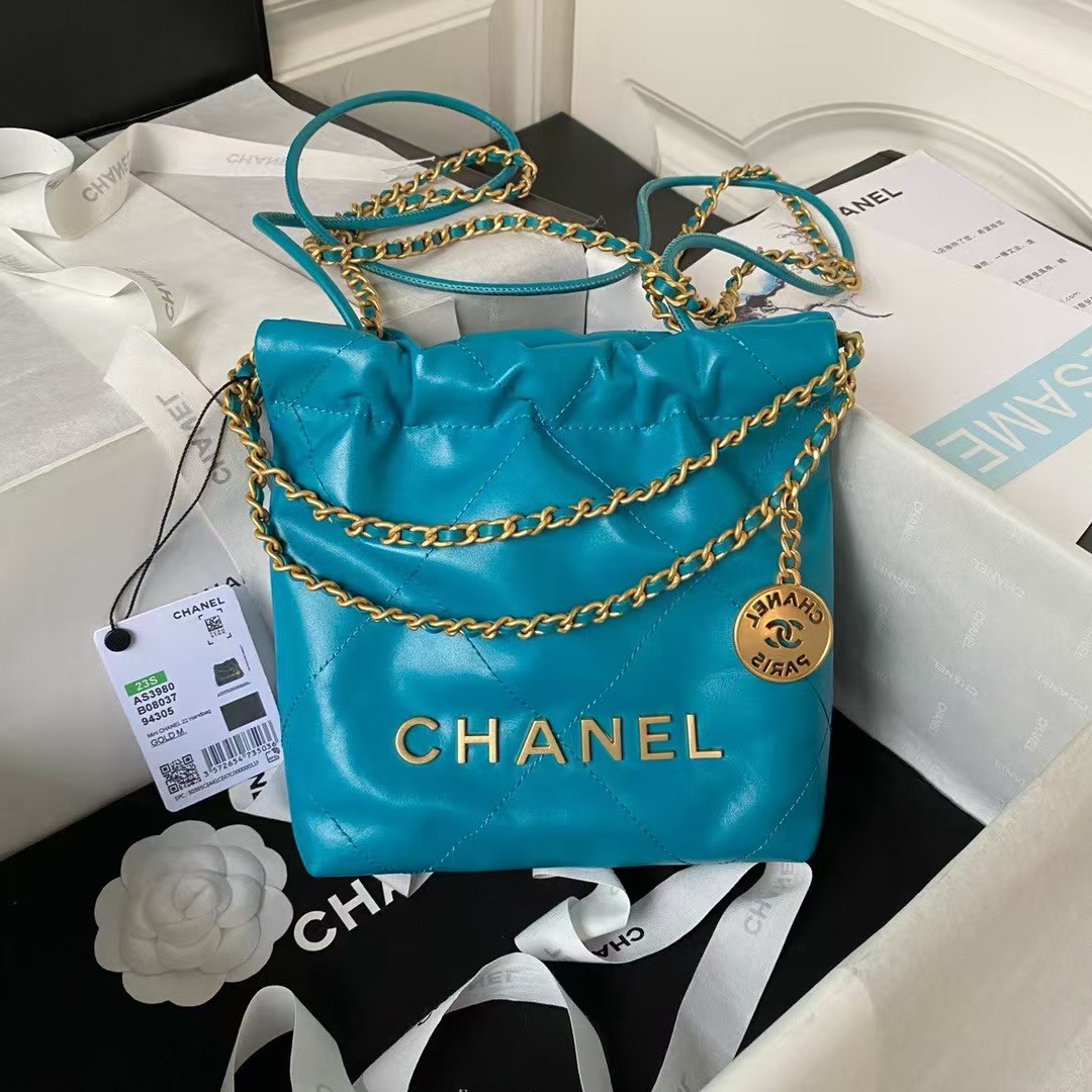 Replicate Chanel 22 AS3980 Mini Tote Shiny Calfskin Gold-Tone Metal Lake Blue(1:1 replica)