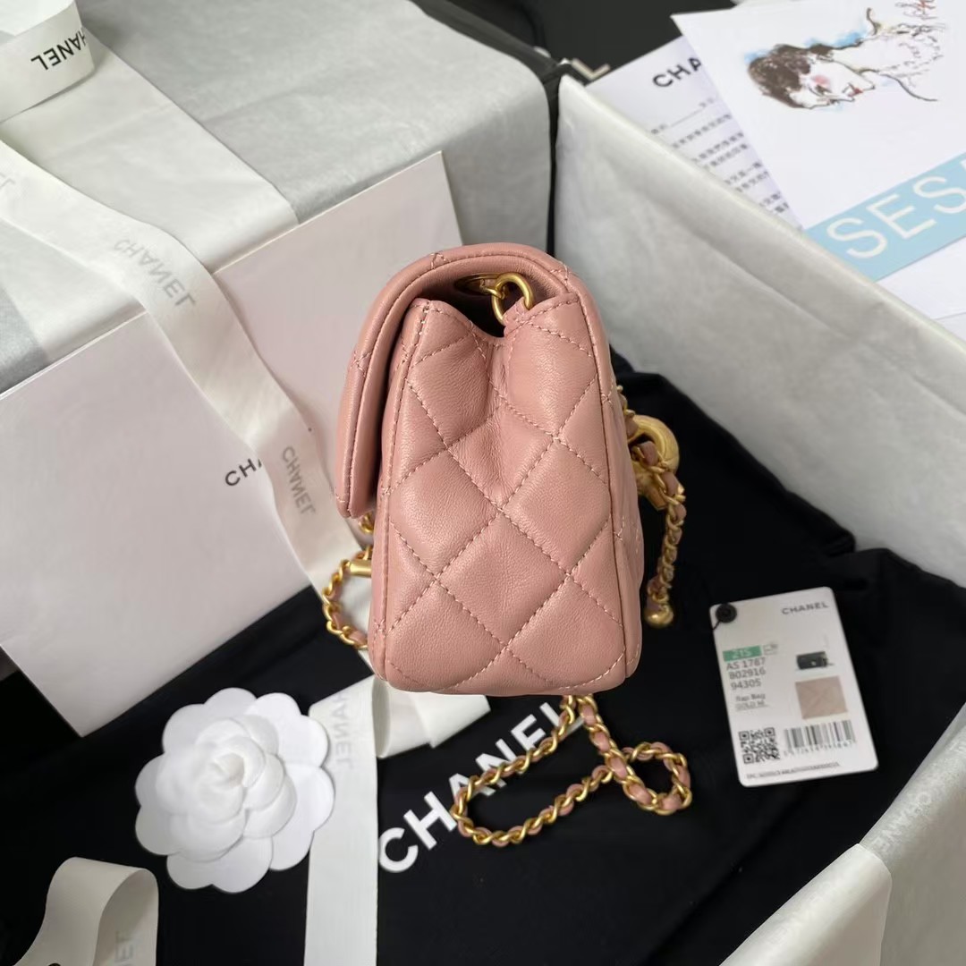 Replicate Chanel 23K AS1787 Mini Pearl Embossed Rectangular Flap Bag Lambskin Brushed Metal Hardware Dark Pink(1:1 replica)