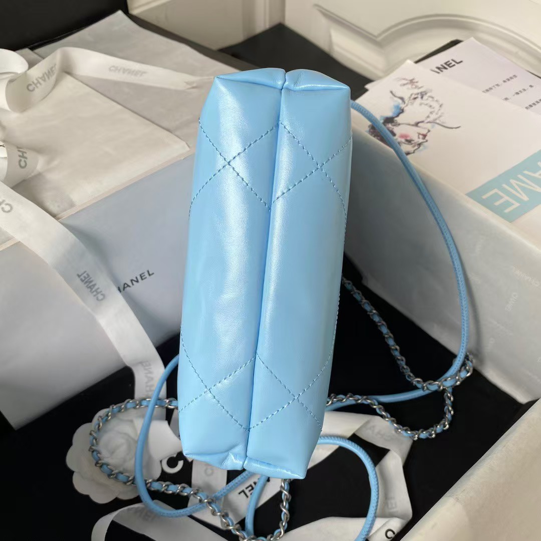 Replicate Chanel 22 AS3980 Mini Tote Shiny Calfskin   Silver-Tone Metal Sky Blue(1:1 replica)