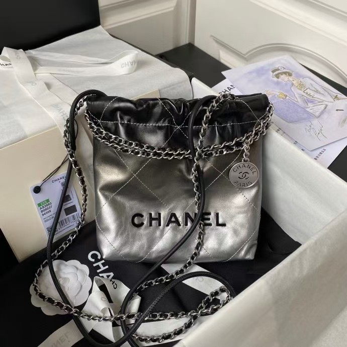 Replicate Chanel 22 AS3980 Mini Tote Shiny Calfskin Silver Metal Silver Black(1:1 replica)
