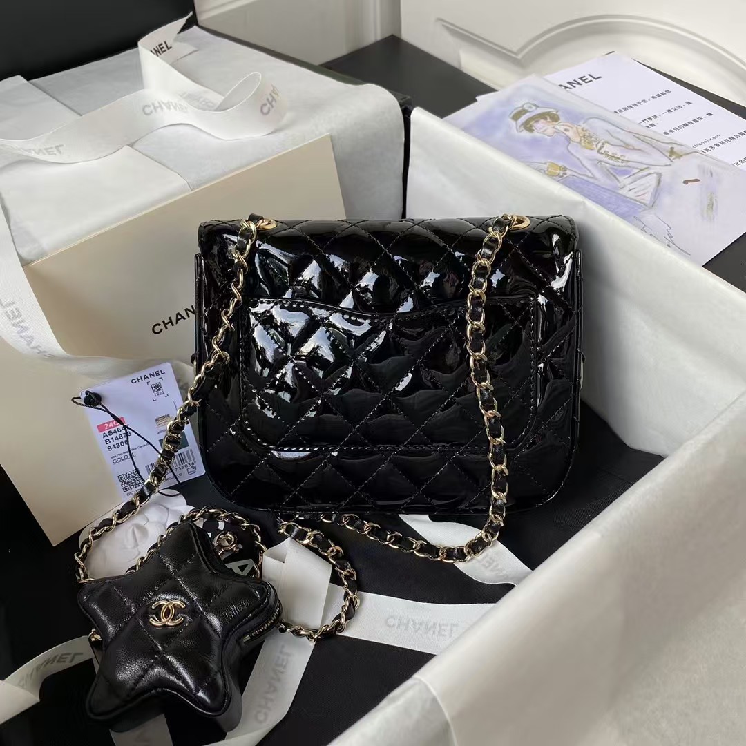 Replicate Chanel AS4647 Mini Flap Bag With Star Coin Purse Metallic Calfskin Gold Metallic Black(1:1 replica)