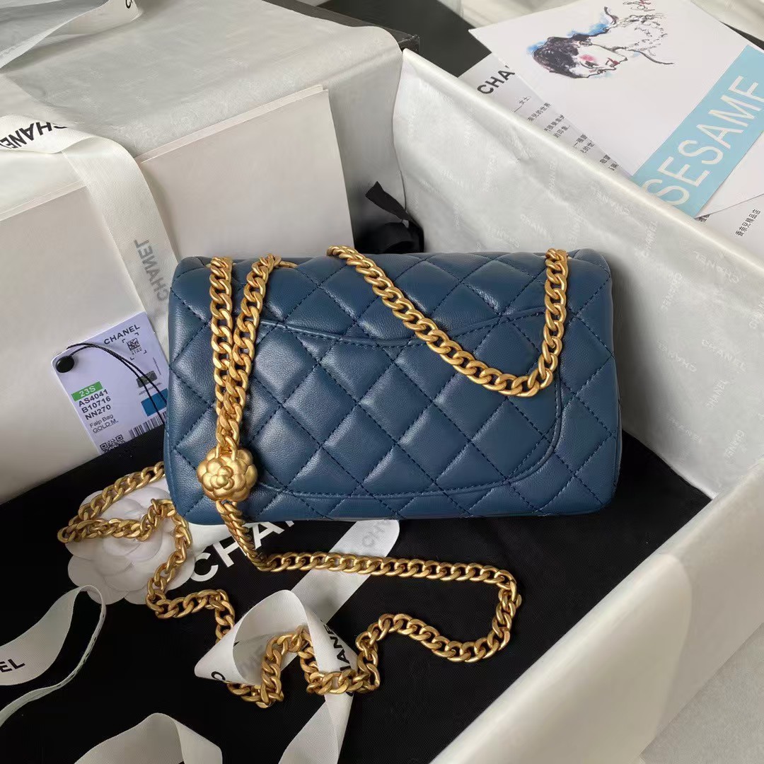 Replicate Chanel 23S AS4041 Mini Camellia Embossed Rectangular Flap Bag Antique Gold Hardware Blue(1:1 replica)
