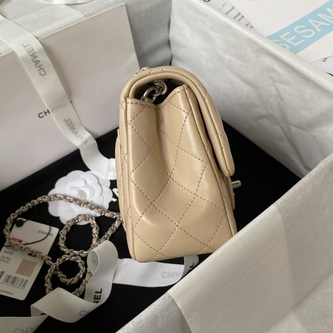 Replicate Chanel 23C AS1786 Mini Square Pearl Embossed Flap Bag Antique Silver Hardware Apricot(1:1 replica)