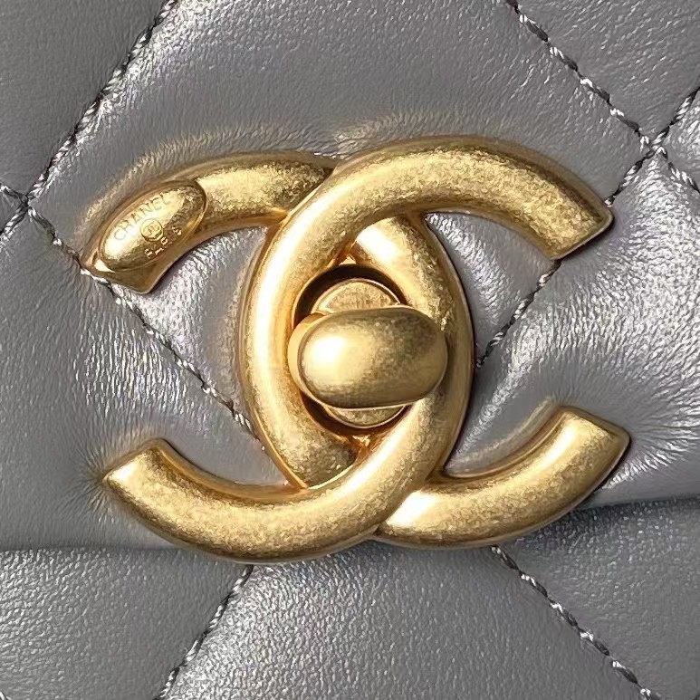 Replicate Chanel AS4997 Flap Bag Top Handle Shiny Lambskin Imitation Pearl   Gold Metal Grey(1:1 replica)