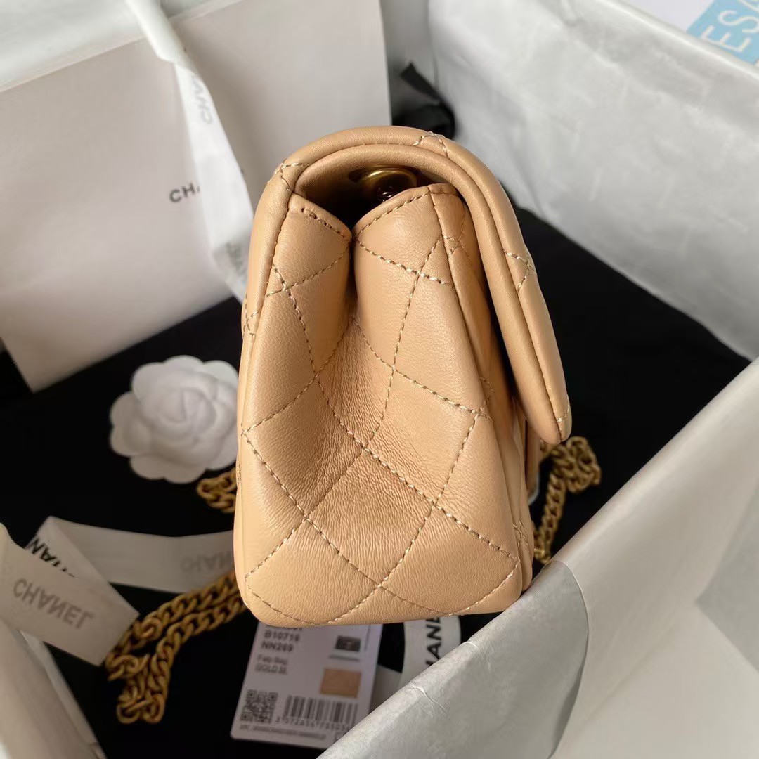 Replicate Chanel 23S AS4041 Mini Camellia Embossed Rectangular Flap Bag Antique Gold Metal Hardware Apricot(1:1 replica)