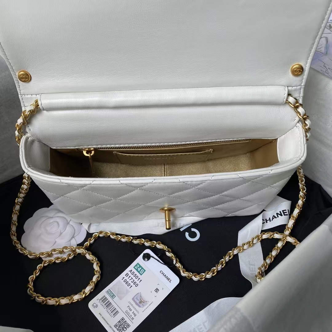 Replicate Chanel AS5011 Flap bag Shiny Lambskin Imitation Pearls   Gold-Tone Metal White(1:1 replica)