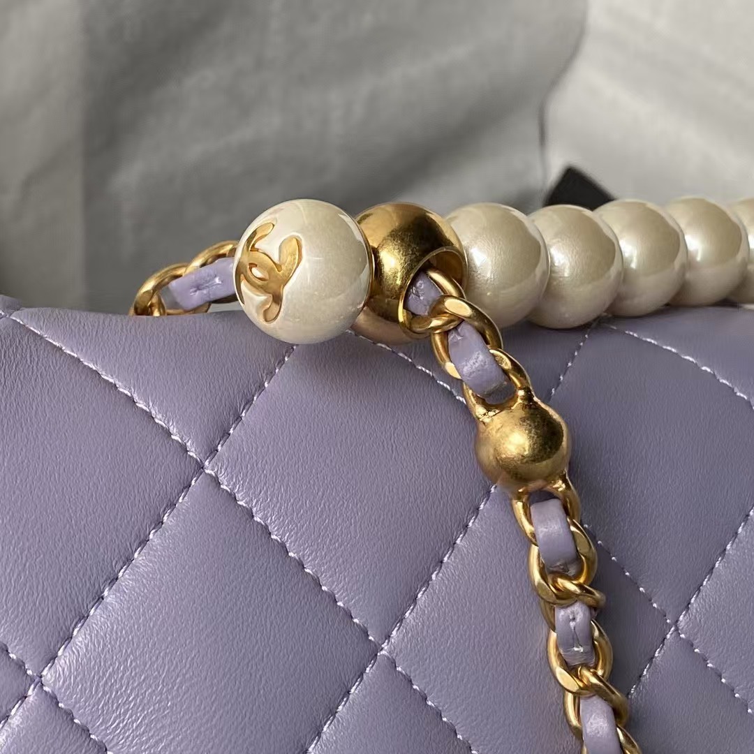 Replicate Chanel AS5001 Mini Flap Bag Top Handle Shiny Lambskin Faux Pearl   Gold Metallic Purple(1:1 replica)
