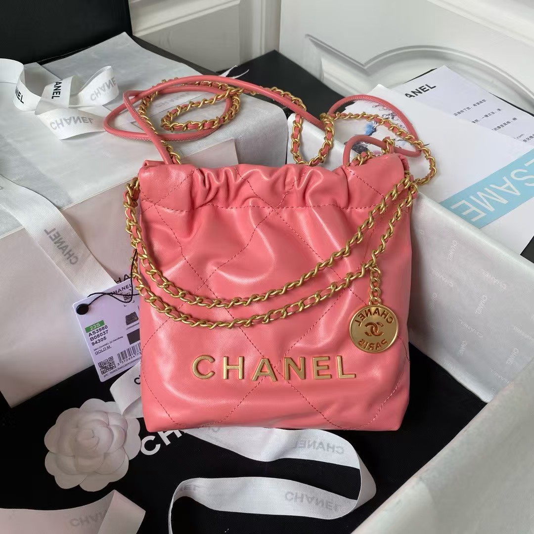 Replicate Chanel 22 AS3980 Mini Tote Shiny Calfskin Gold-Tone Metal Dark Pink(1:1 replica)