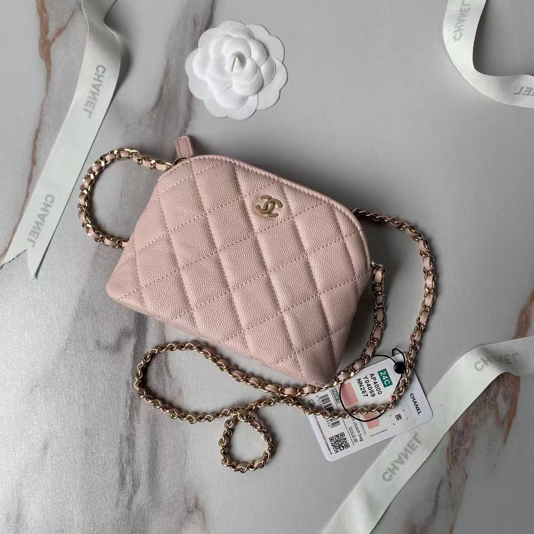 Replicate Chanel 24S AP4000 Mini Clutch with Chain Crossbody Bag Light Pink Caviar Light Gold Hardware(1:1 replica)