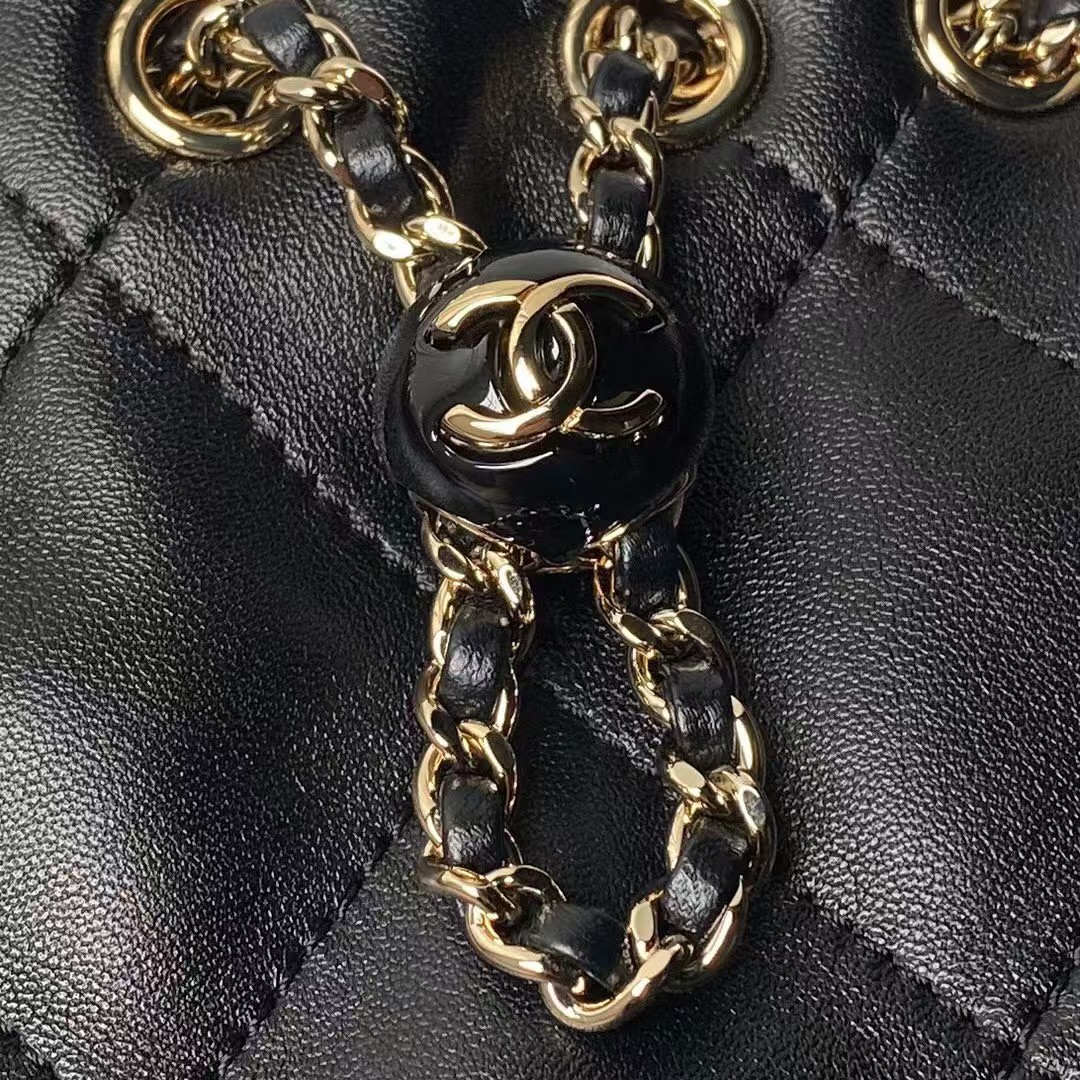 Replicate Chanel 24S AS4810 Medium CC Drawstring Backpack Shiny Lambskin Light Gold Hardware Black(1:1 replica)