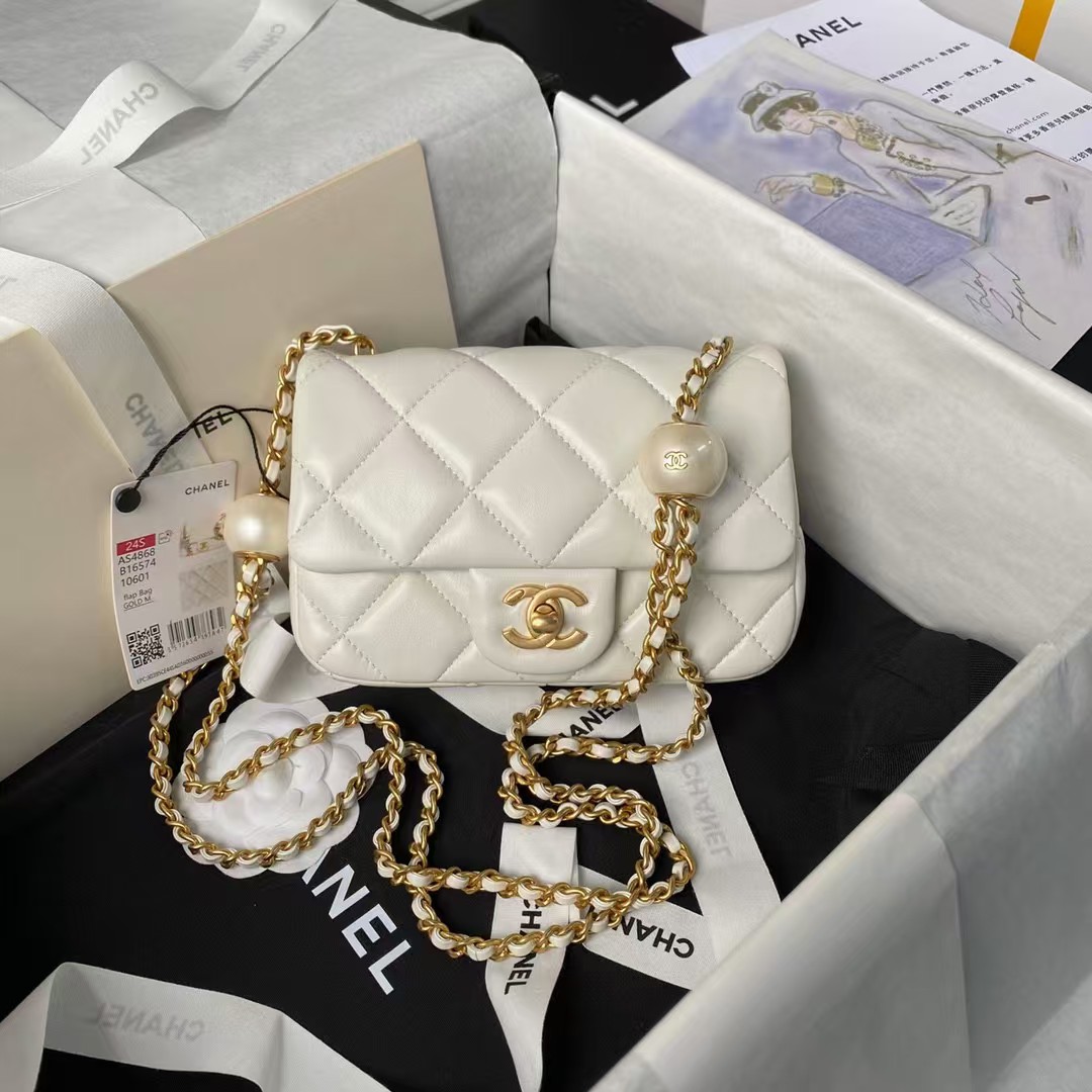 Replicate Chanel AS4868 Mini Flap Bag Pearl Lambskin Faux Pearl Gold Metal White(1:1 replica)