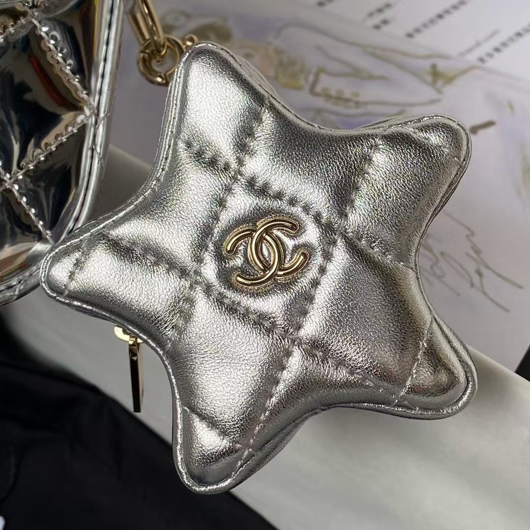 Replicate Chanel AS4648 Flap Bag Star Coin Purse Mirrored Calfskin Metallic Calfskin   Gold Metallic Silver(1:1 replica)