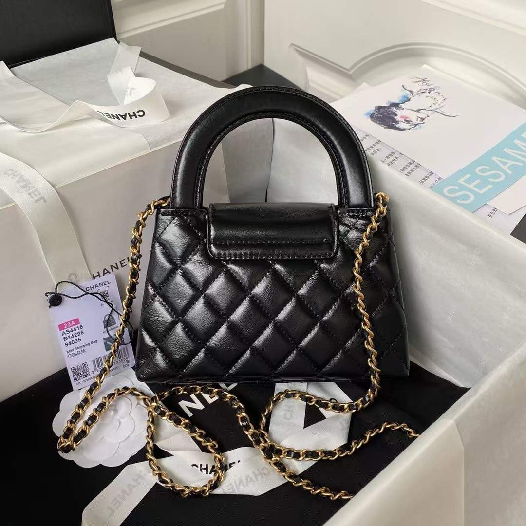 Replicate Chanel AS4416 Mini Shopping Bag Shiny Aged Calfskin Gold Tone Metal Black(1:1 replica)