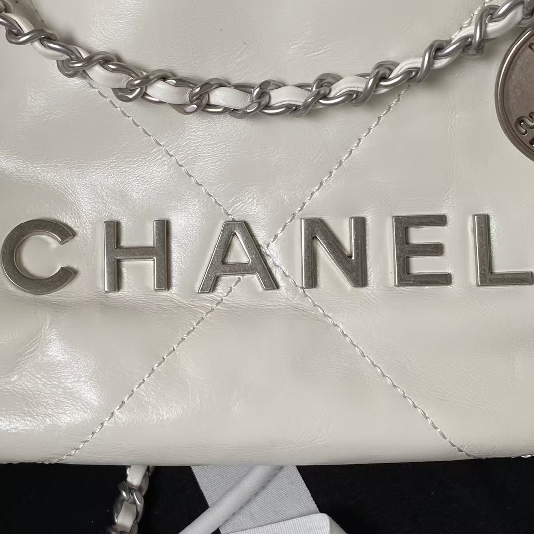 Replicate Chanel 22 AS3980 Mini Tote Shiny Calfskin   Silver-Tone Metal White(1:1 replica)
