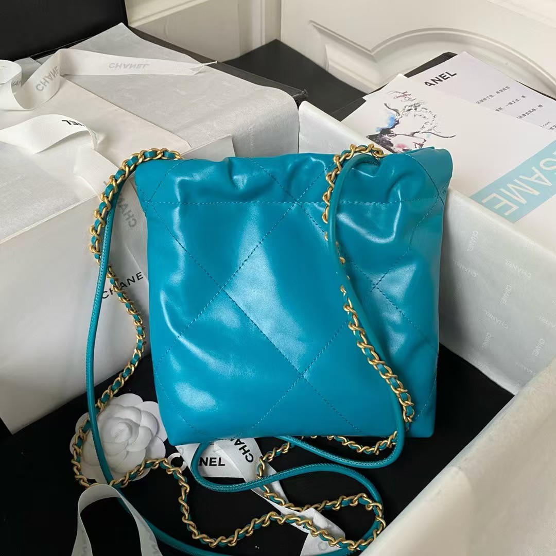 Replicate Chanel 22 AS3980 Mini Tote Shiny Calfskin Gold-Tone Metal Lake Blue(1:1 replica)