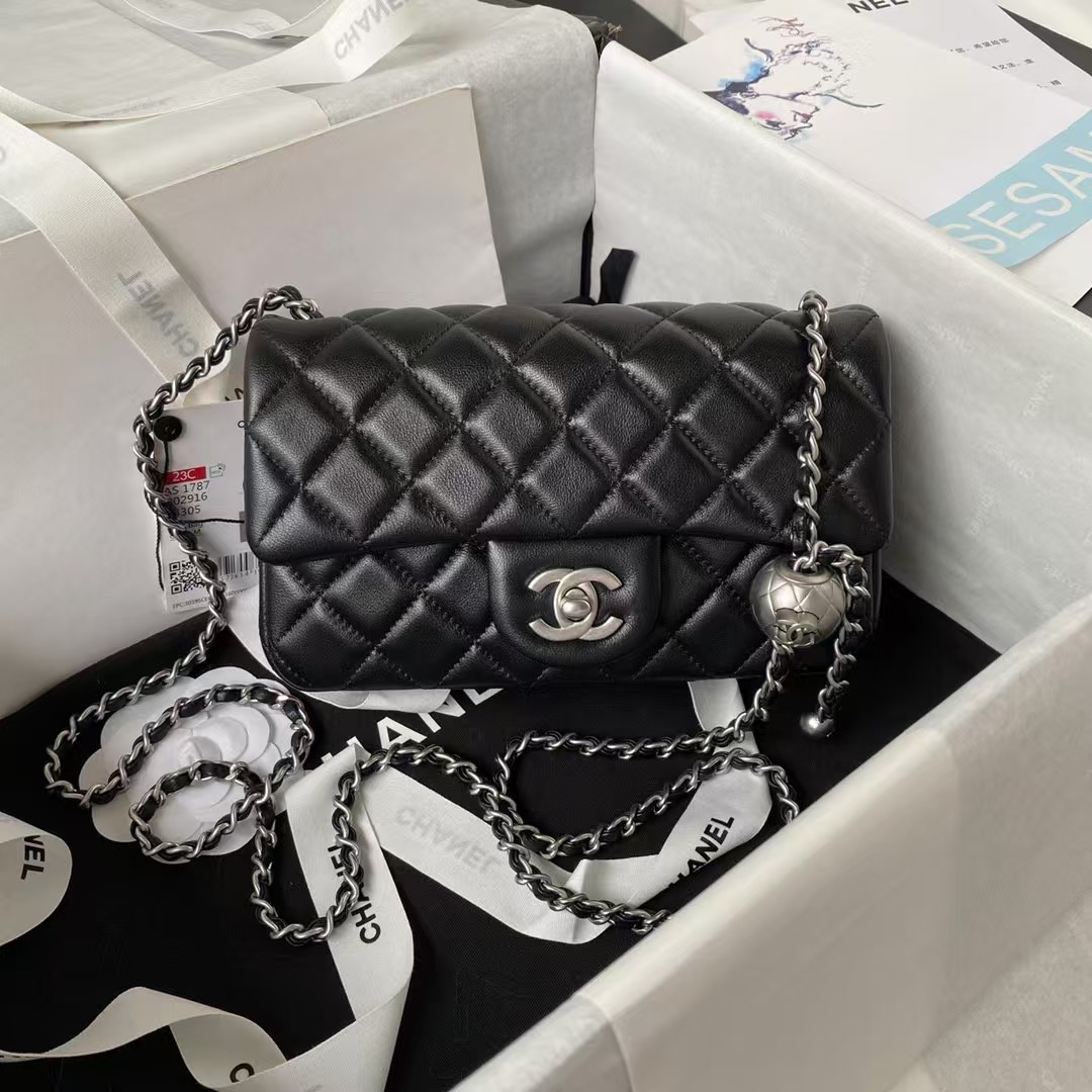 Replicate Chanel 23K AS1787 Mini Pearl Embossed Rectangular Flap Bag Lambskin Brushed Silver Metal Hardware Black(1:1 replica)