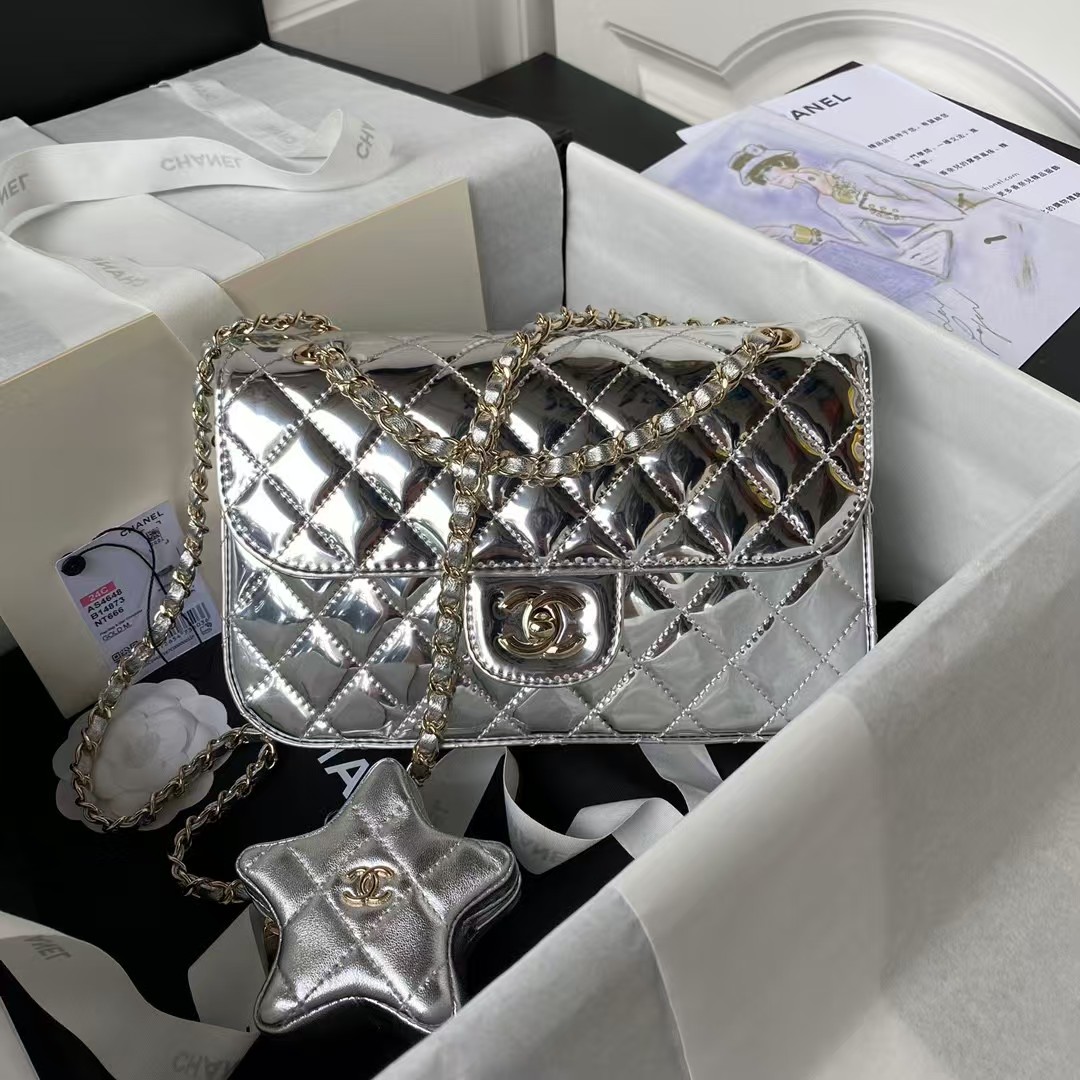 Replicate Chanel AS4648 Flap Bag Star Coin Purse Mirrored Calfskin Metallic Calfskin Gold Metallic Silver(1:1 replica)