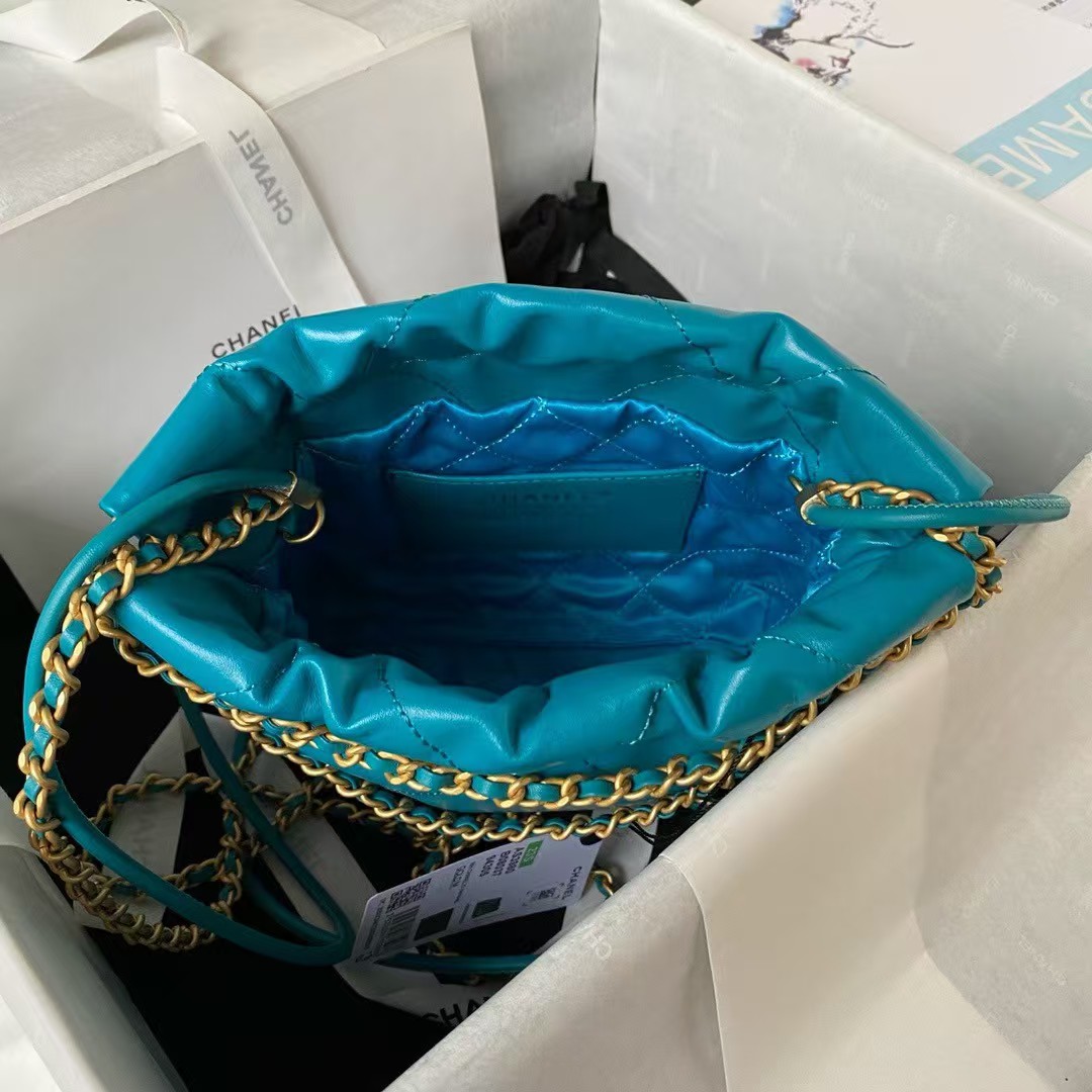 Replicate Chanel 22 AS3980 Mini Tote Shiny Calfskin   Gold-Tone Metal Lake Blue(1:1 replica)