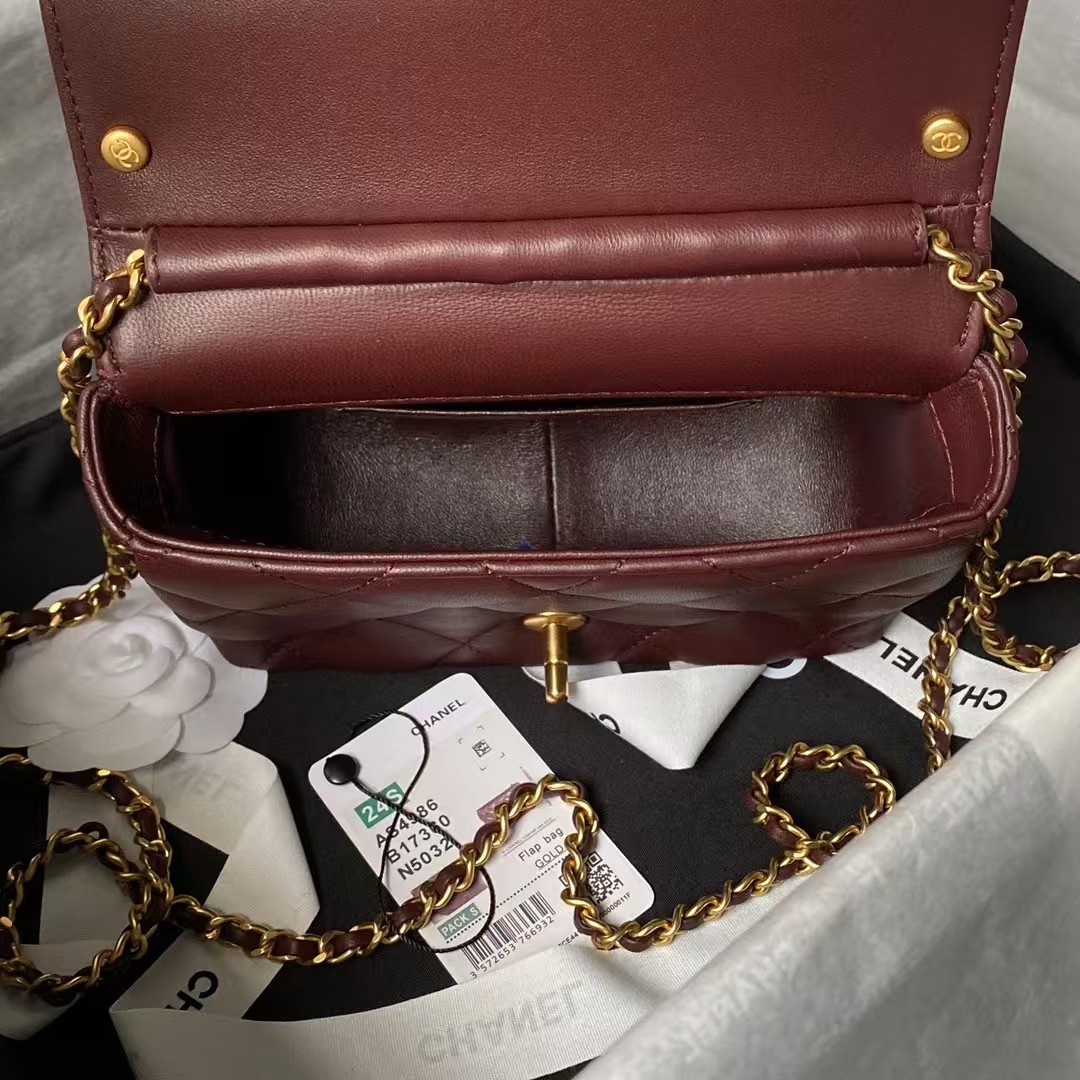 Replicate Chanel AS4986 Mini Flap bag Shiny Lambskin Imitation Pearls   Gold-Tone Metal Wine Red(1:1 replica)
