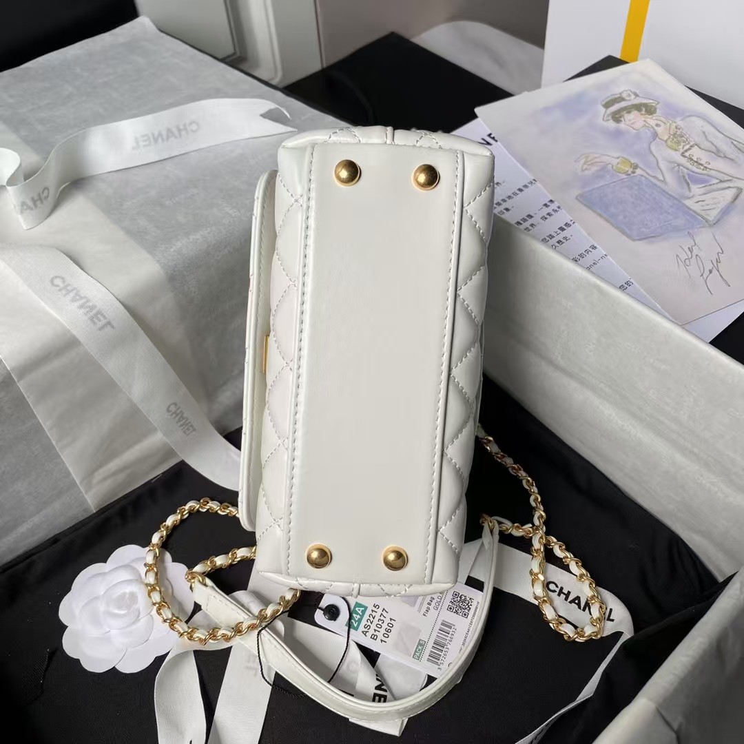 Replicate Chanel AS2215 Mini Flap Bag With Metal Top Handle Shiny Calfskin White(1:1 replica)