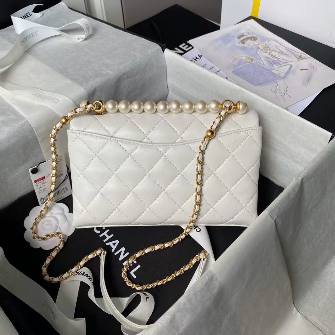 Replicate Chanel AS4997 Flap Bag Top Handle Shiny Lambskin Imitation Pearl Gold Metal White(1:1 replica)
